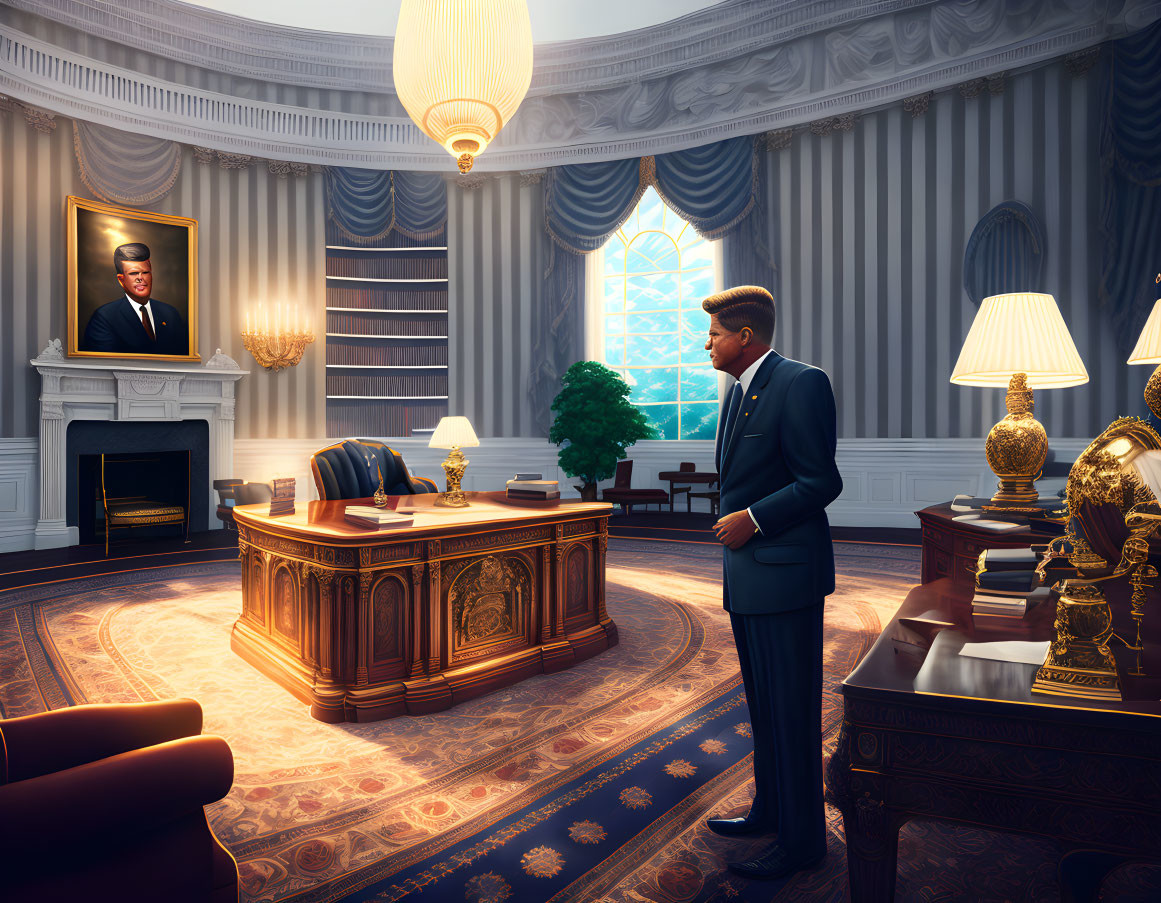 Digital illustration: President Kennedy lookalike in Oval Office with elegant decor.