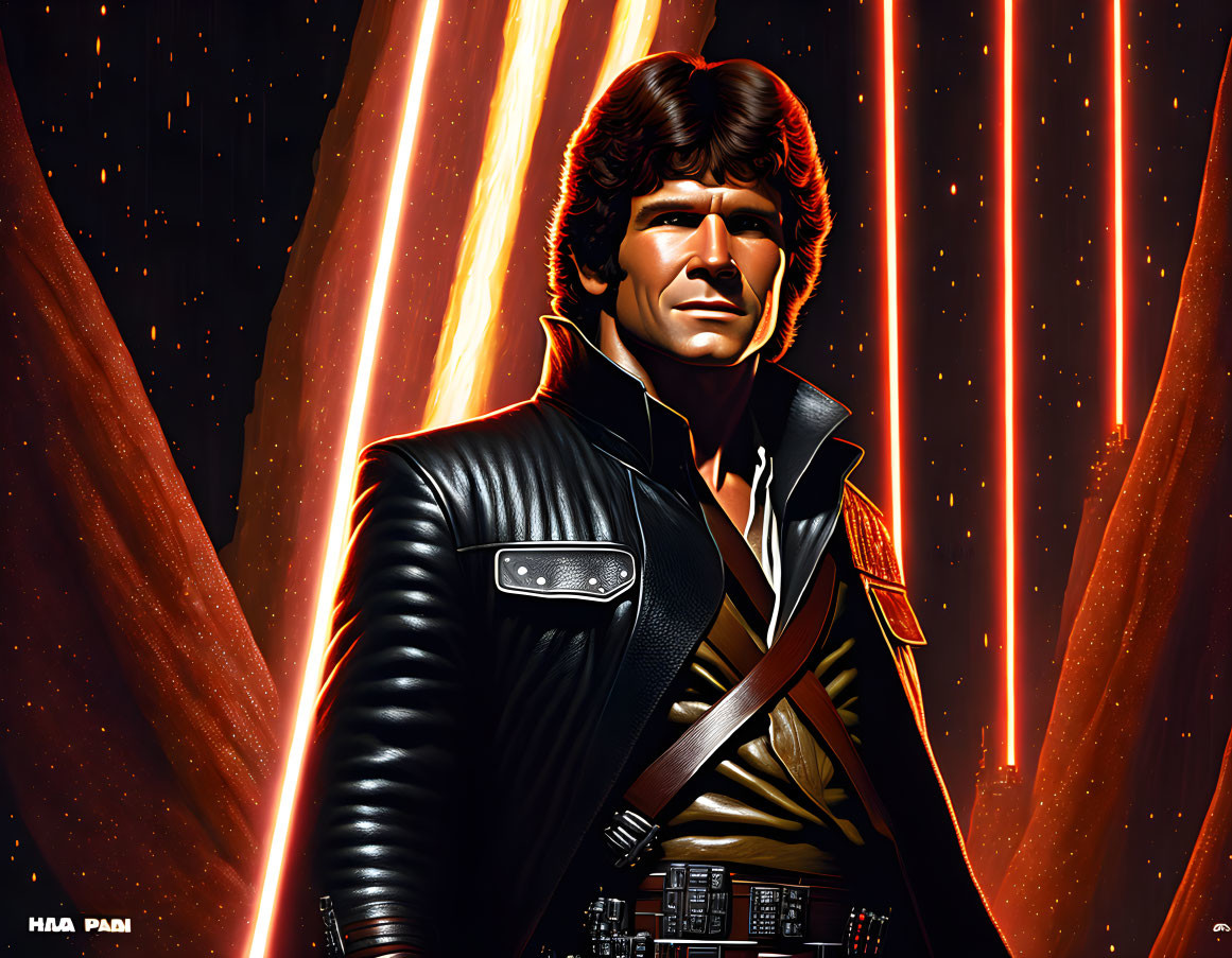 Stylized illustration of confident male in leather jacket against cosmic backdrop