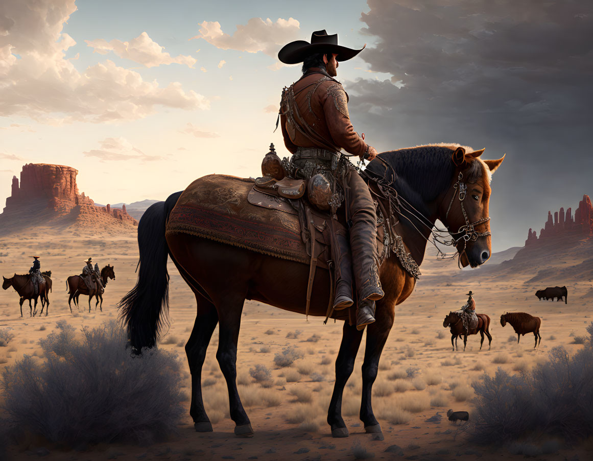 Cowboy on horseback in desert landscape with rock formations and distant riders under cloudy sky