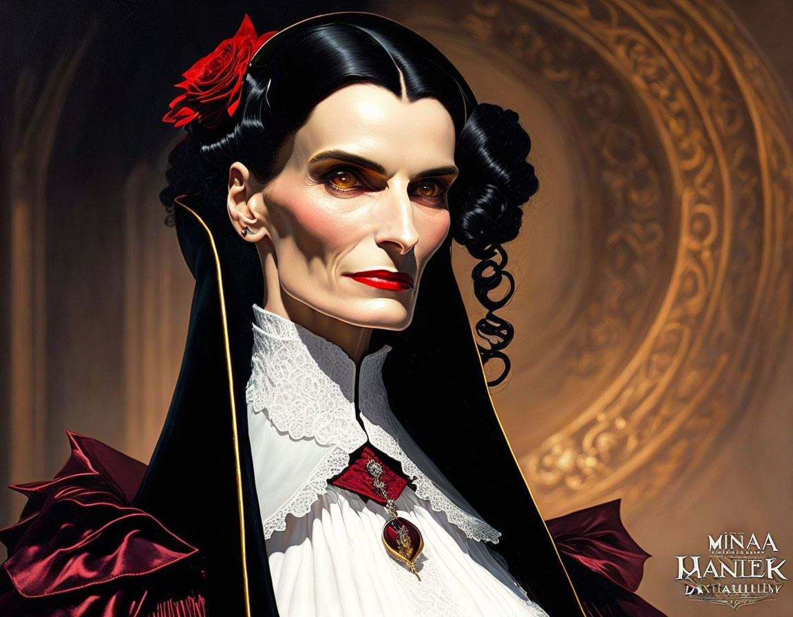 Pale-skinned vampire woman with black hair, red lips, and a red rose, in black and