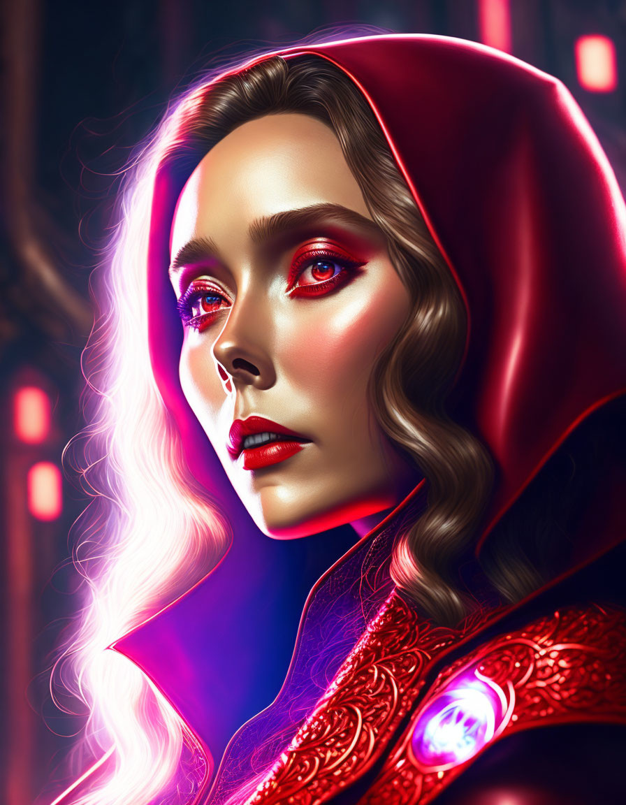 Digital artwork: Woman with glowing red eyes in red hooded cloak