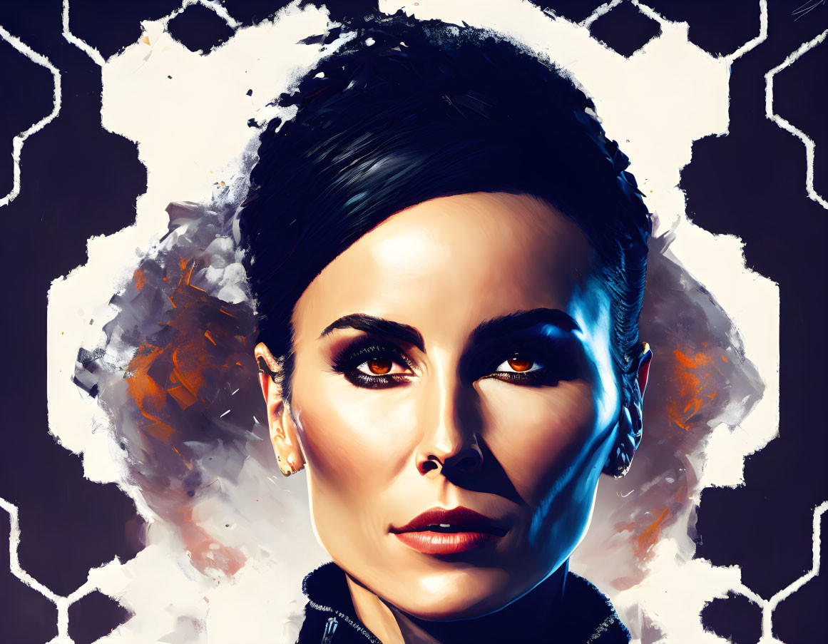 Digital portrait of woman with strong cheekbones and dark hair against honeycomb background