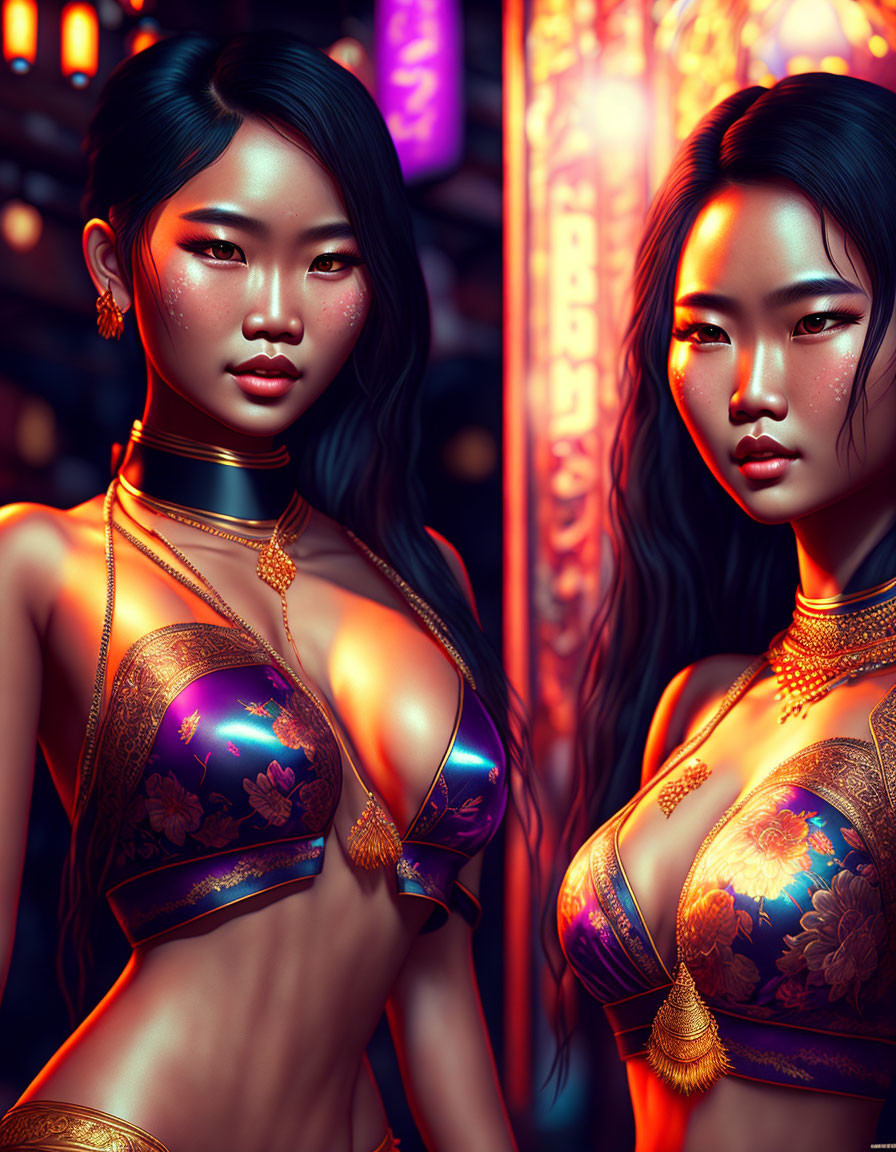 Two women with elaborate tattoos and golden jewelry under neon lights