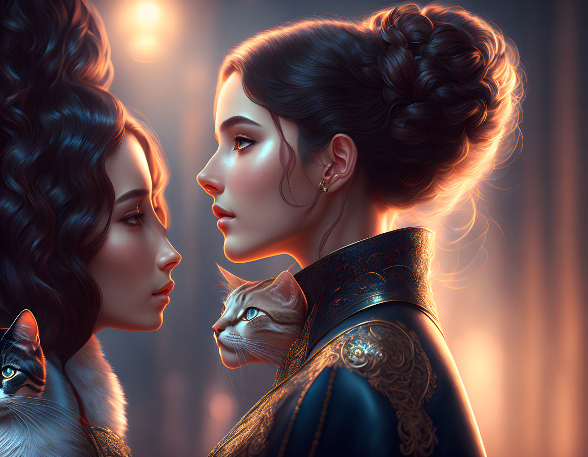 Intricate hairstyle digital art of two women with cat