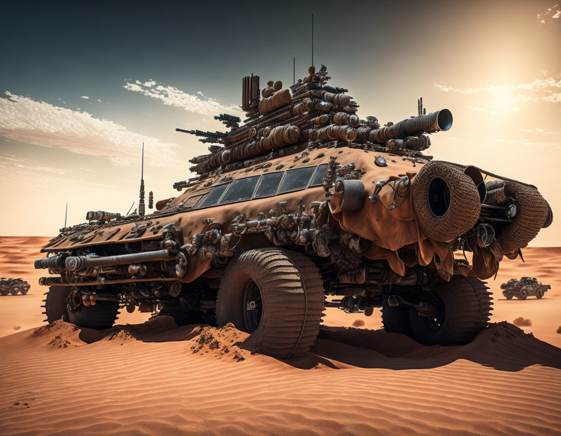 Post-apocalyptic style heavily modified vehicle in desert landscape