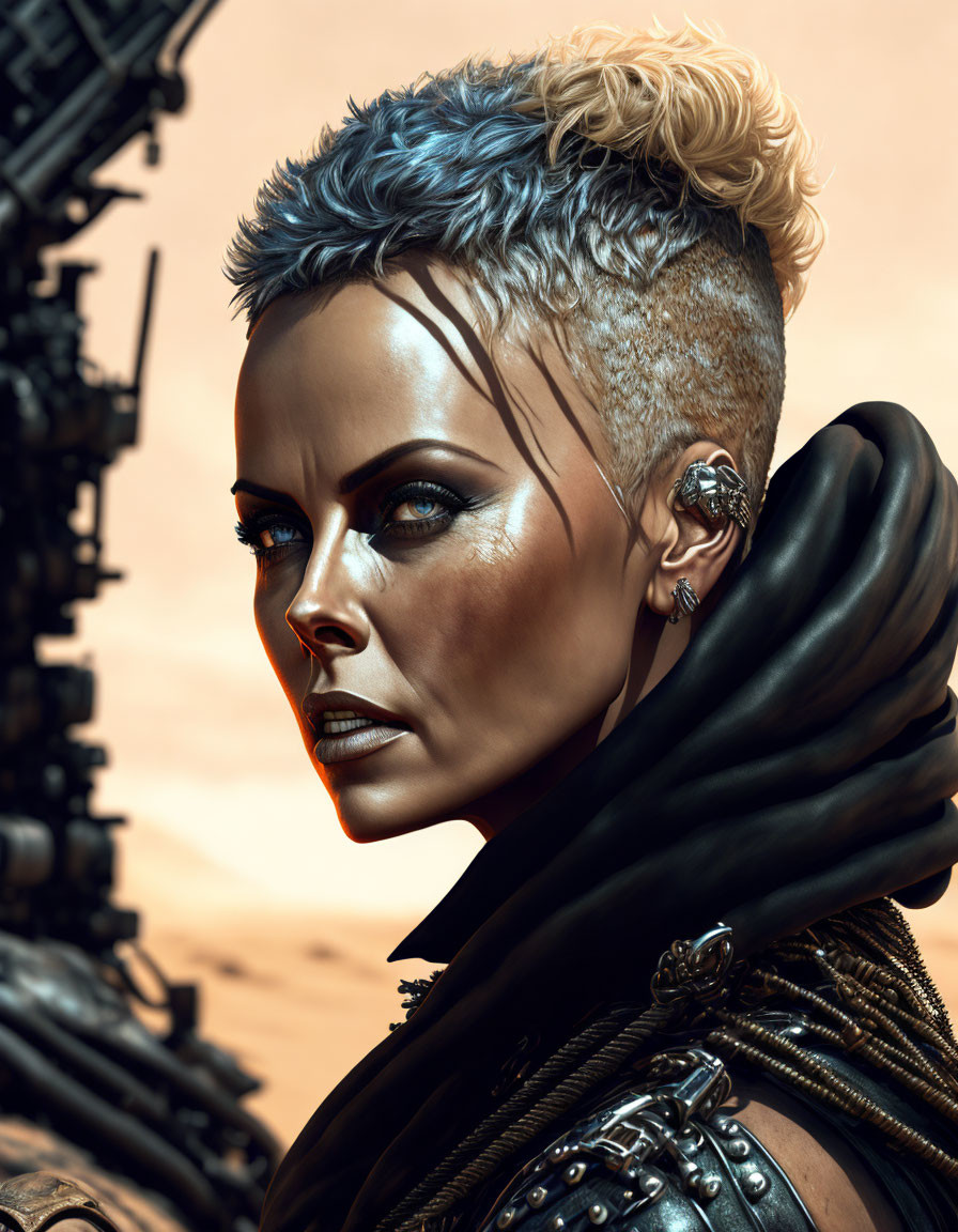 Futuristic digital artwork of woman with blue-tipped mohawk and cybernetic ear