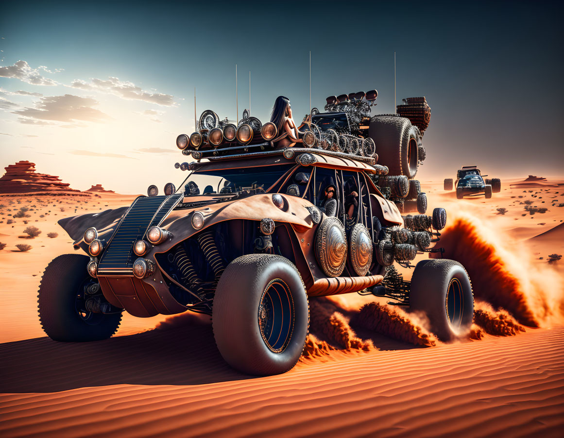 Customized desert racing vehicle kicking up sand in a desert scene