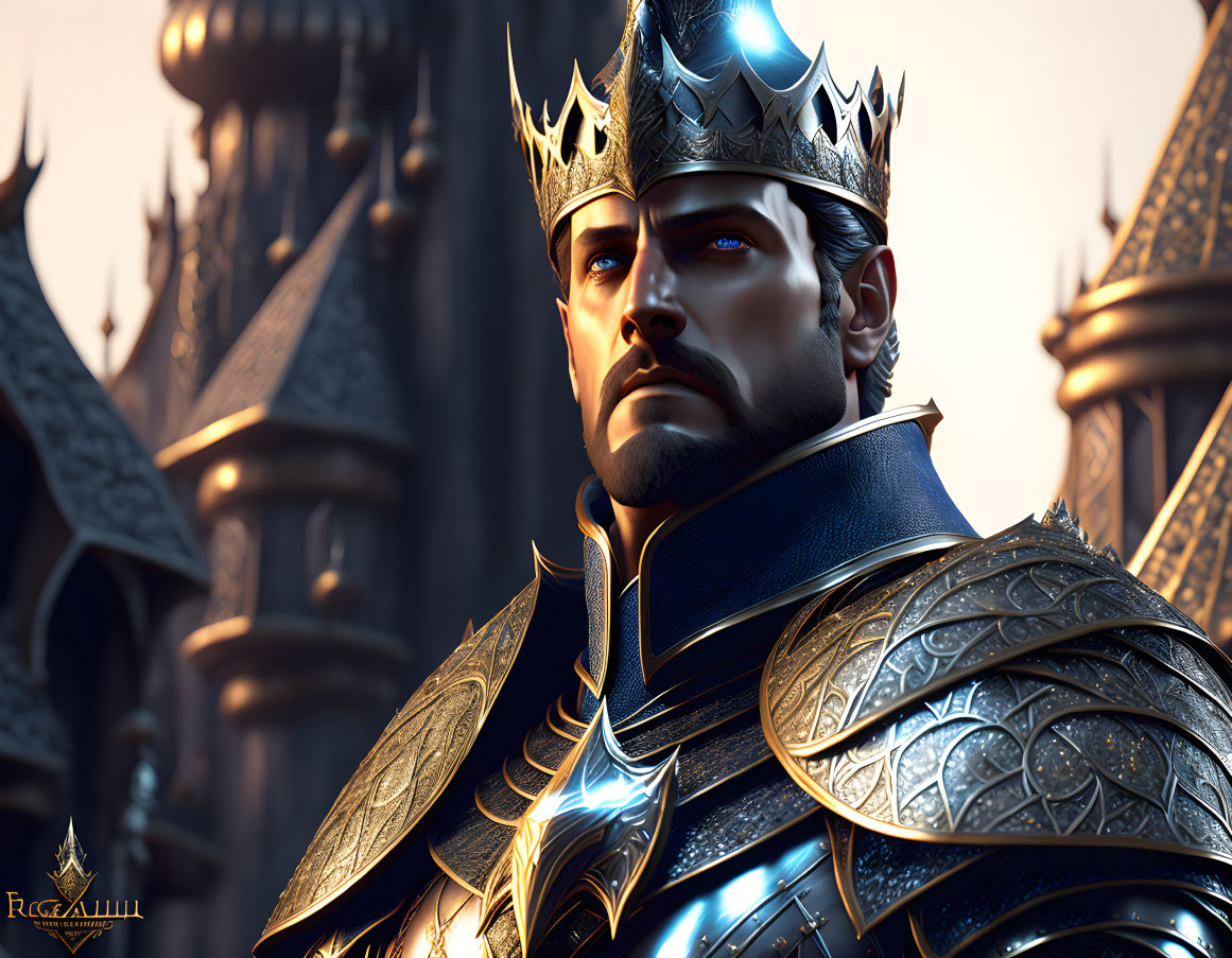 Regal figure in ornate armor and crown before castle backdrop