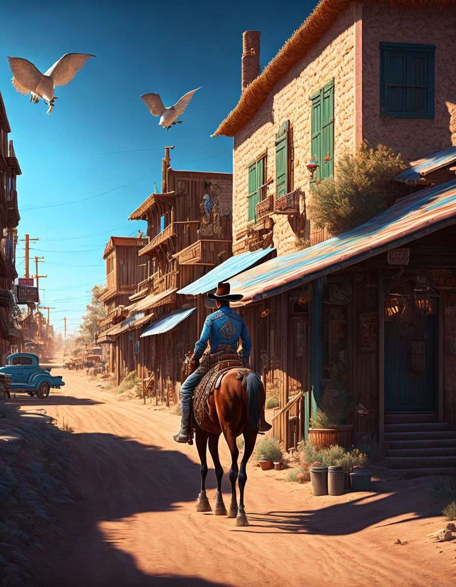 Cowboy on horseback in sunlit Wild West town with wooden buildings and vintage car.