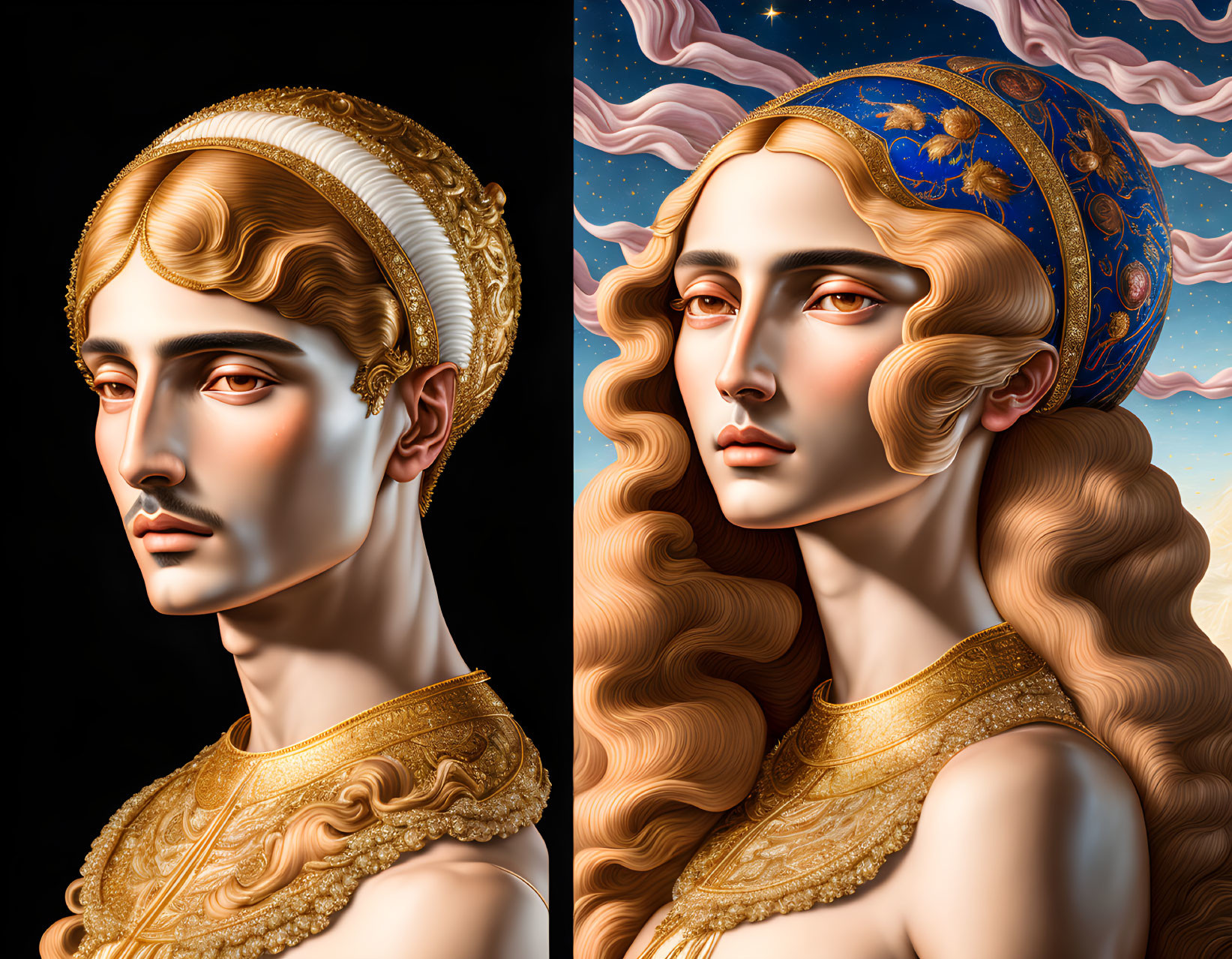 Masculine and feminine figures with gold adornments and intricate headdresses on celestial background