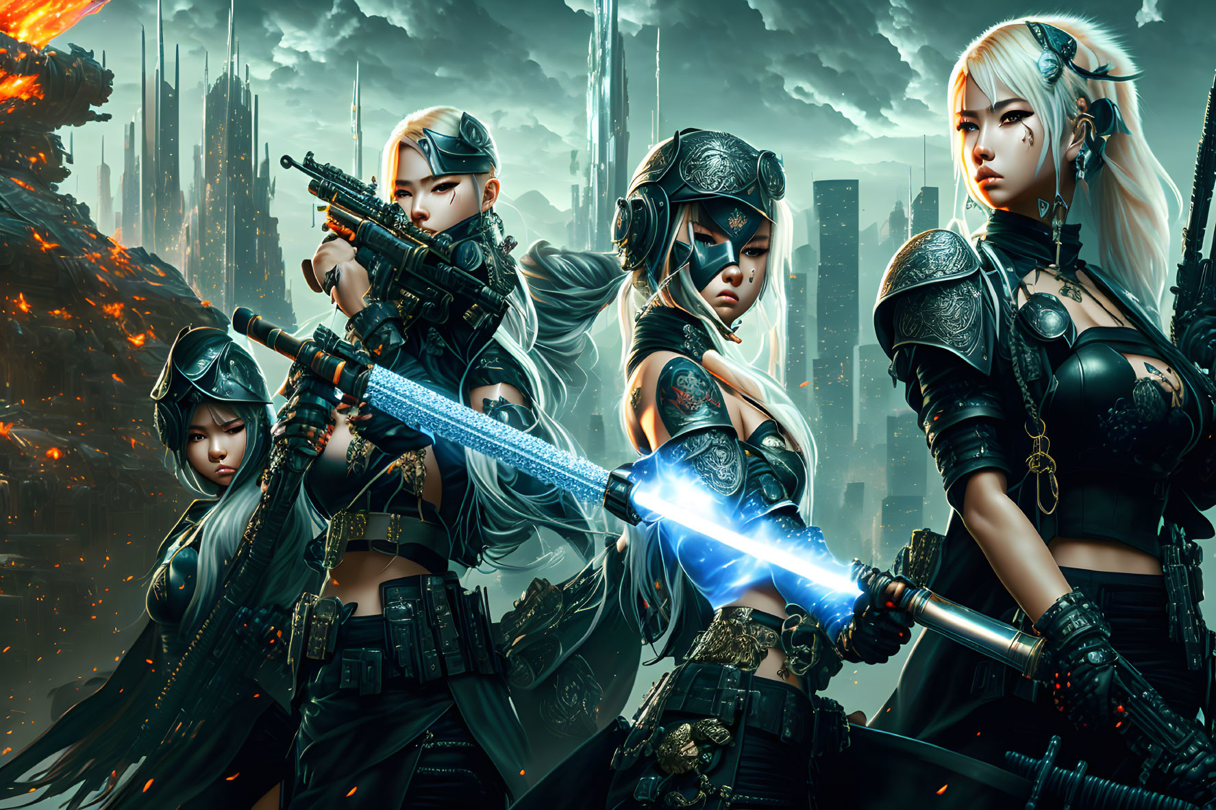 Futuristic female warriors with weapons in dystopian cityscape