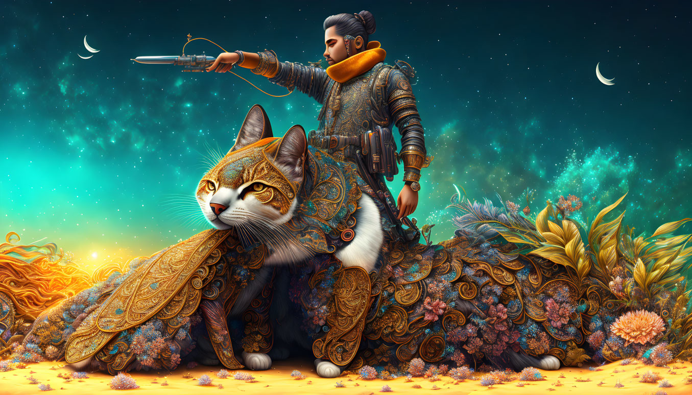 Fantastical artwork of person on armored cat under crescent moons