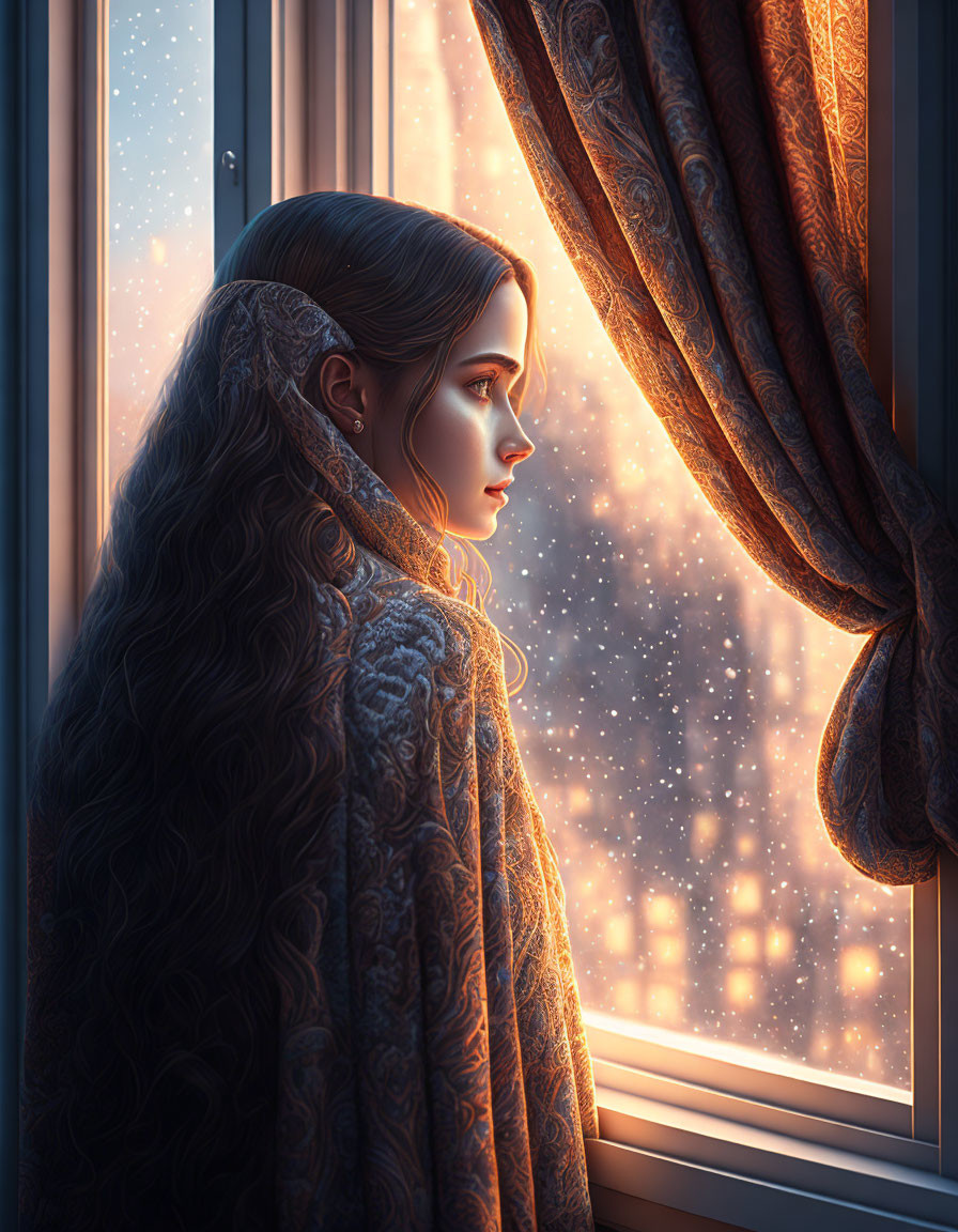 Woman in shawl gazes at starry night sky from window