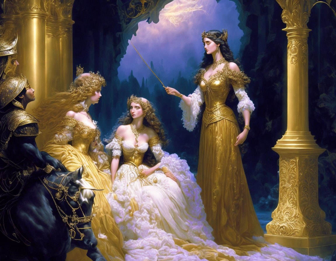 Opulent scene with four women in ornate gowns and knight in armor on black horse