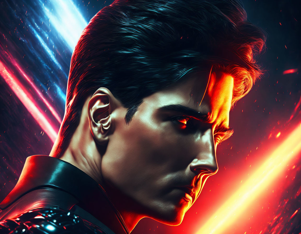 Dynamic digital artwork: steely-gazed man in superhero aesthetic with vivid red and blue lighting.