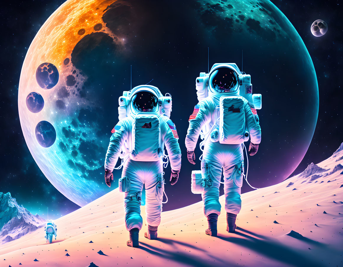 Astronauts in spacesuits on alien surface with colorful sky