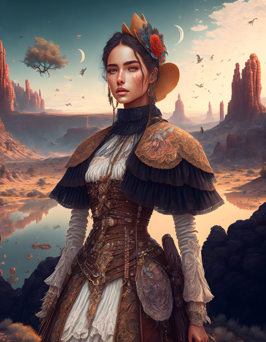 Victorian-inspired woman in fantastical desert landscape