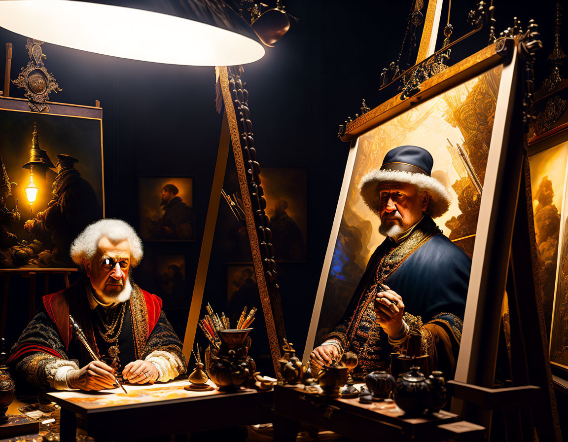 Wax figures of 17th-century Dutch artists in dimly lit room