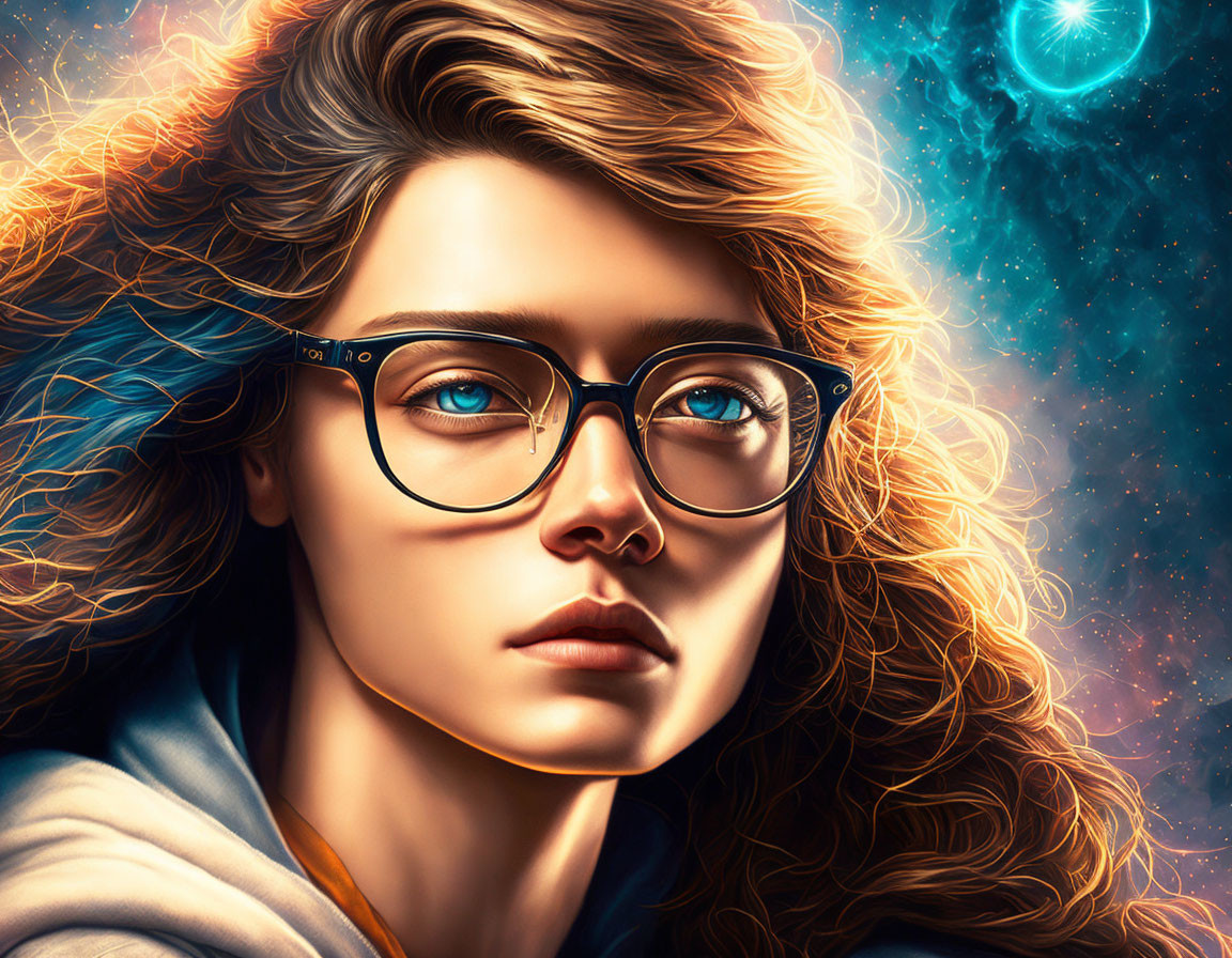 Digital artwork: Woman with curly hair and glasses in cosmic setting