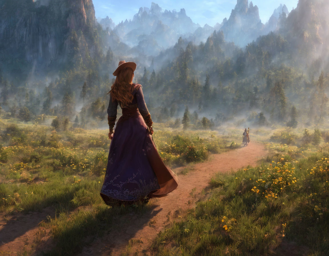 Woman in hat and purple dress walking in sunlit meadow towards mountains.