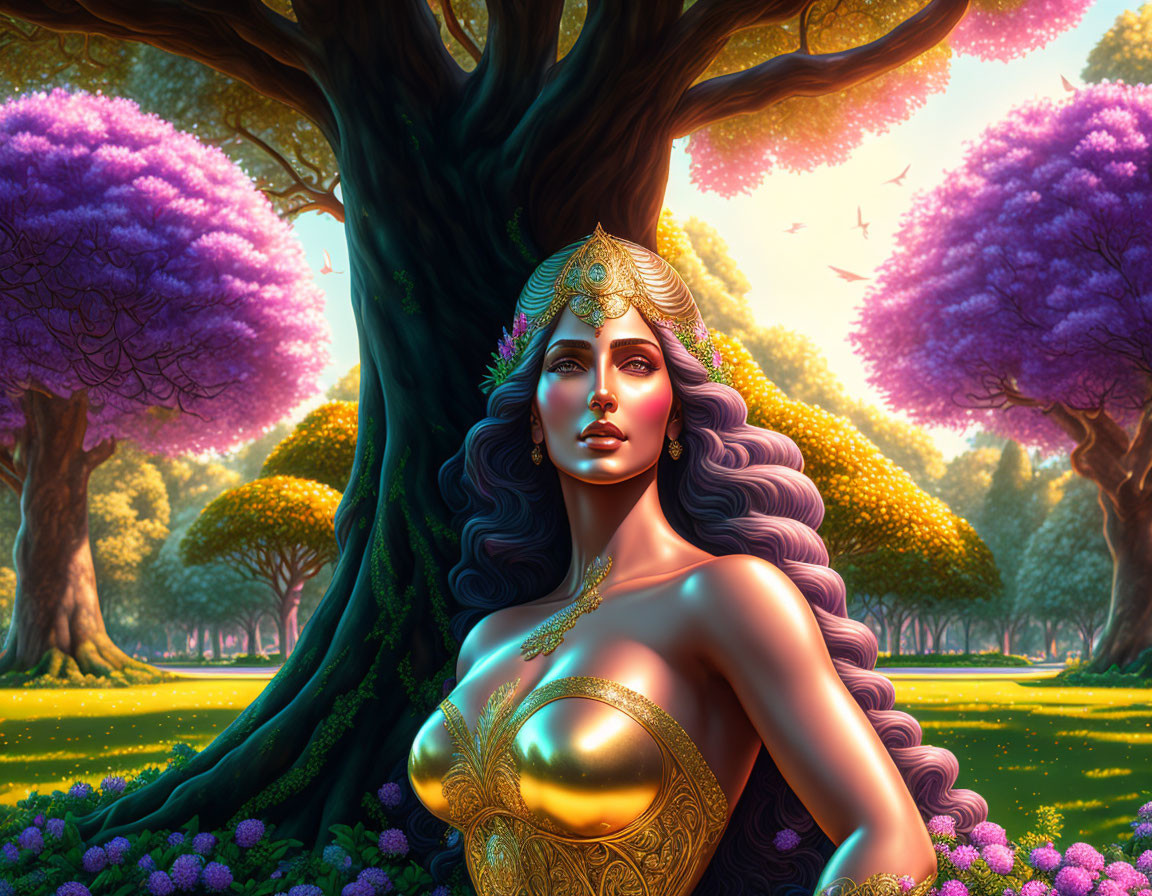 Mythical woman adorned in golden jewelry under vibrant tree amid magical purple foliage