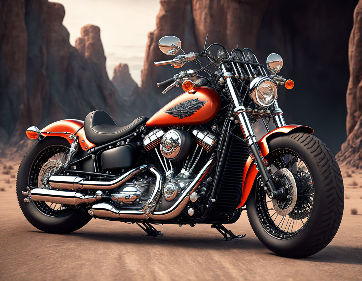 Orange and Black Motorcycle with Chrome Detailing in Desert Landscape