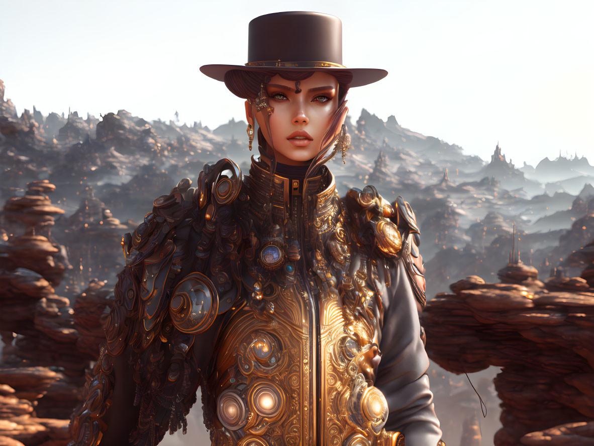 Digital artwork: Woman in steampunk attire with top hat, set in rugged terrain.