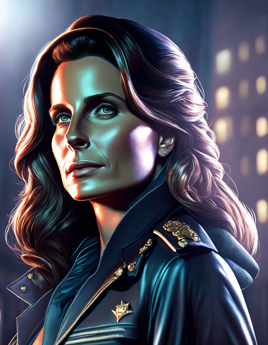 Neon-lit woman with wavy hair in military jacket at night