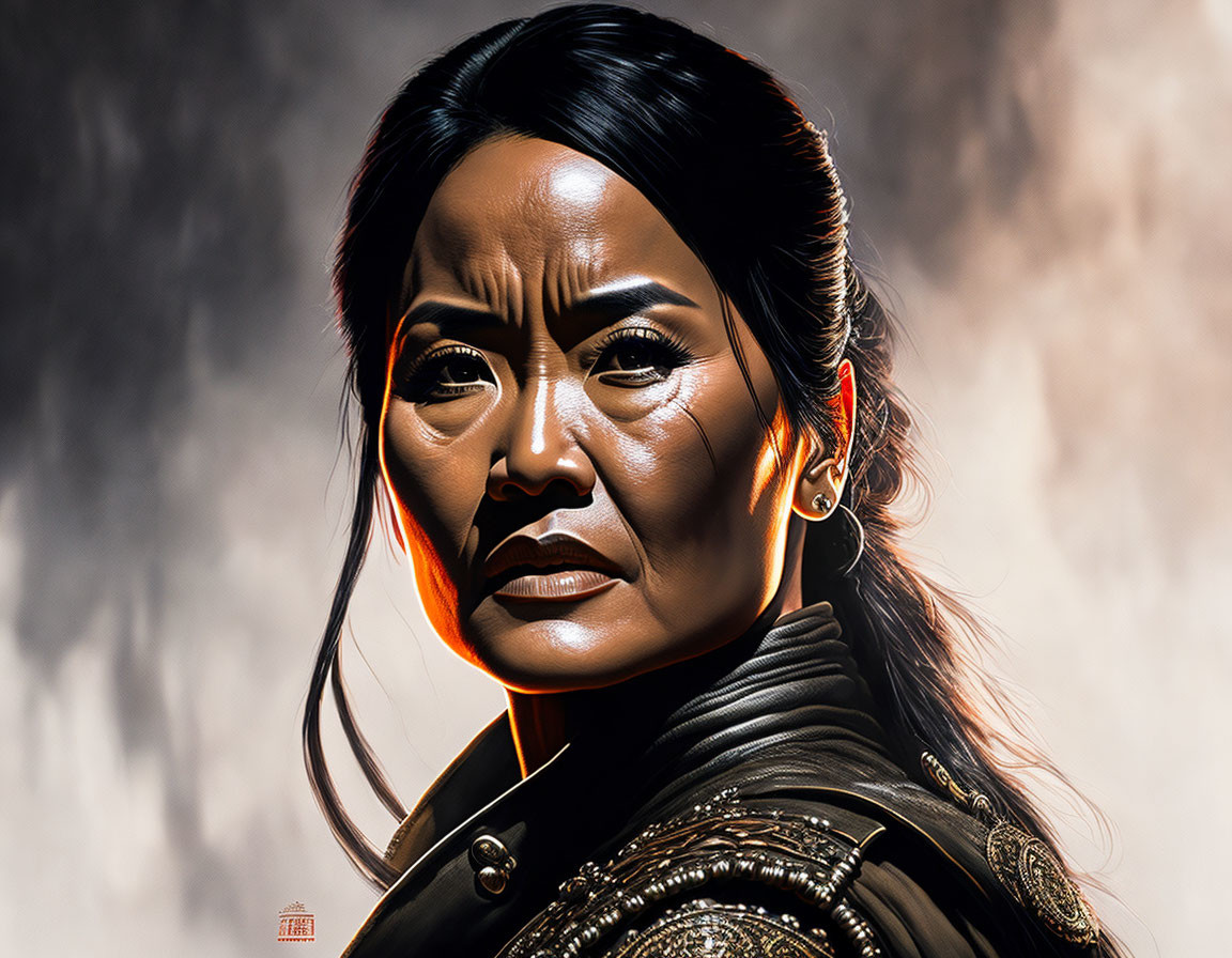 Detailed digital painting of woman in black armor with resolute expression