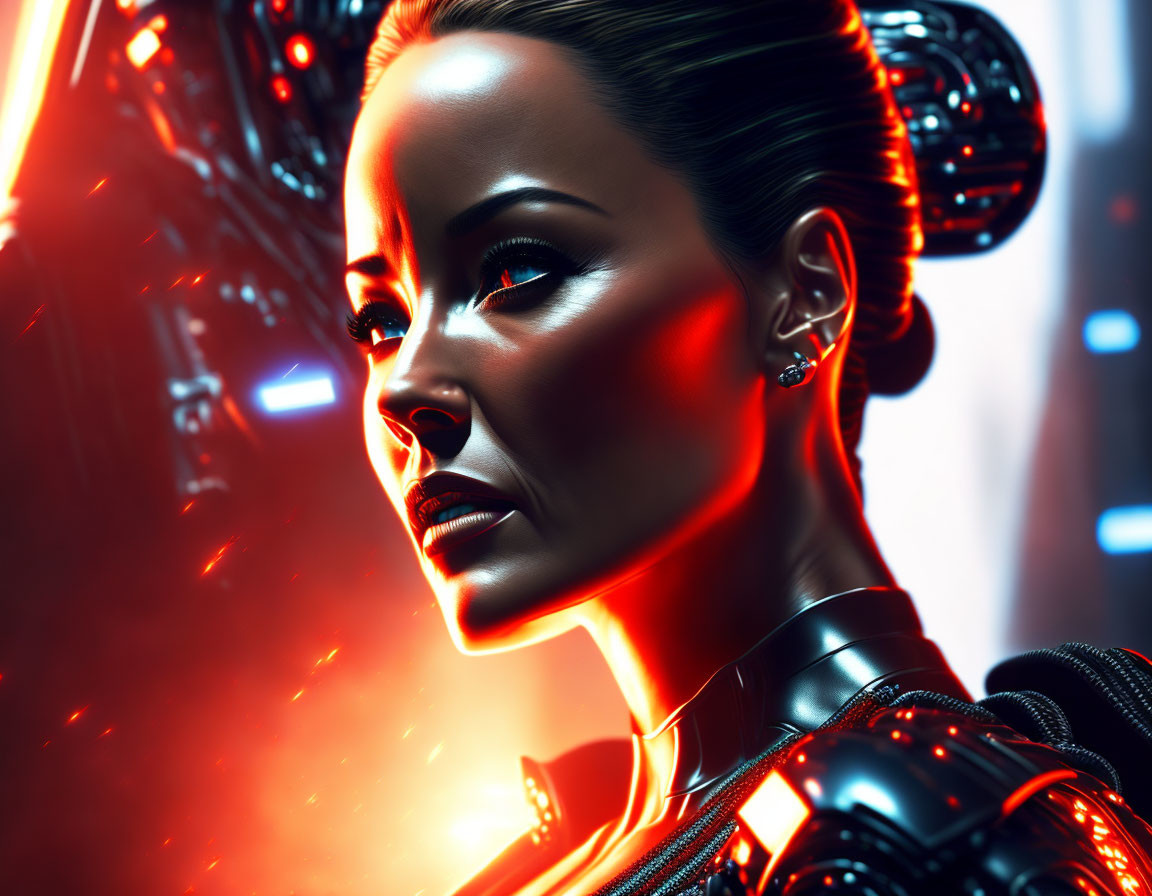 Female cyborg digital art with glowing red accents and mechanical details