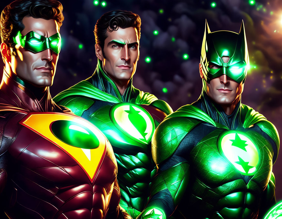 Vigilant superheroes with glowing green symbols on costumes