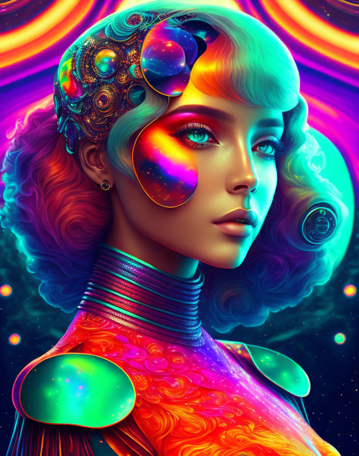 Vibrant surreal portrait of a woman with cosmic and iridescent themes