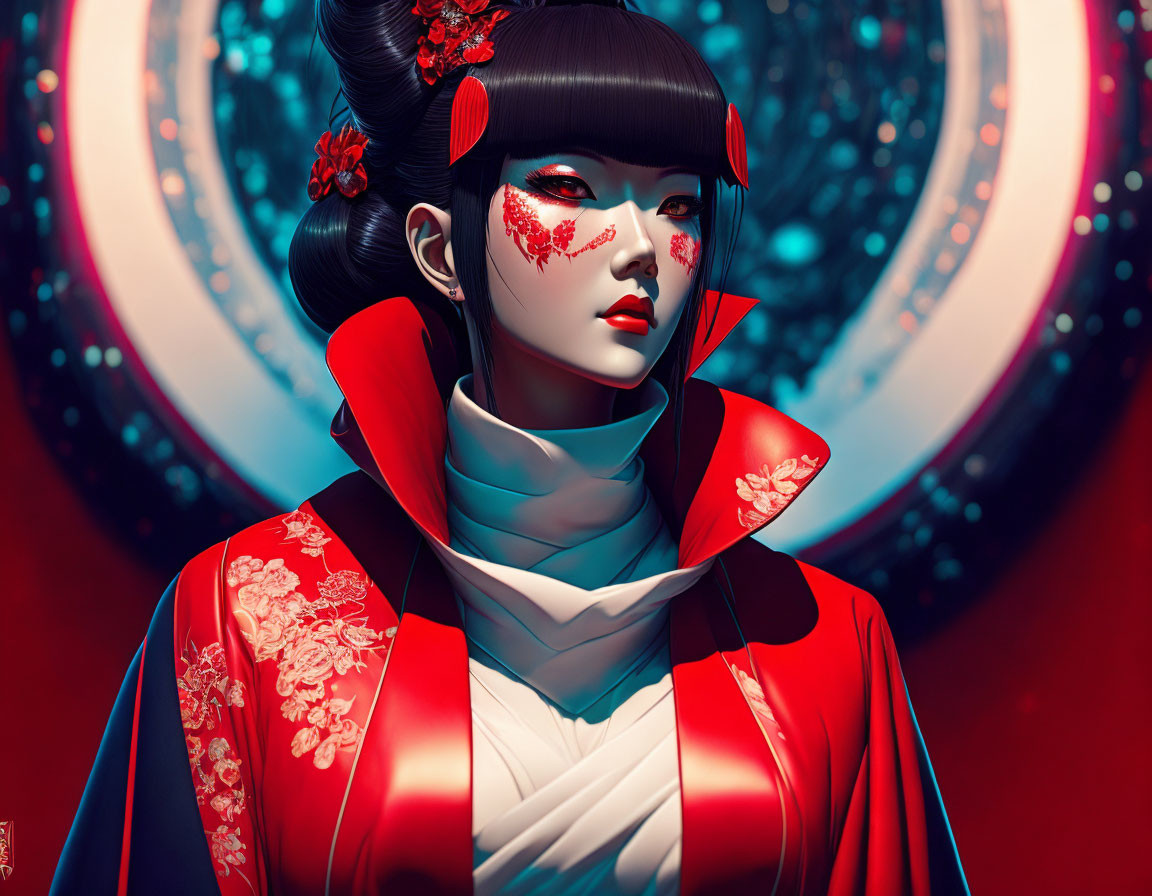 Stylized woman with red and white makeup in traditional Japanese attire against futuristic backdrop