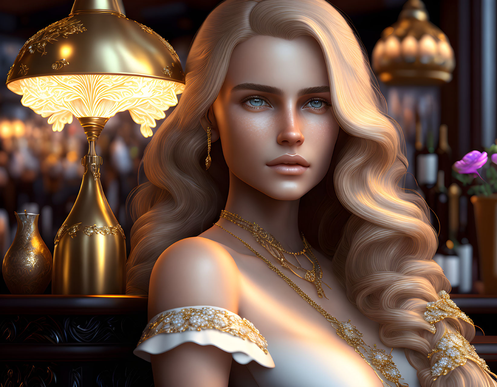 Digital artwork: Woman with blue eyes, blonde hair, gold jewelry in ornate room