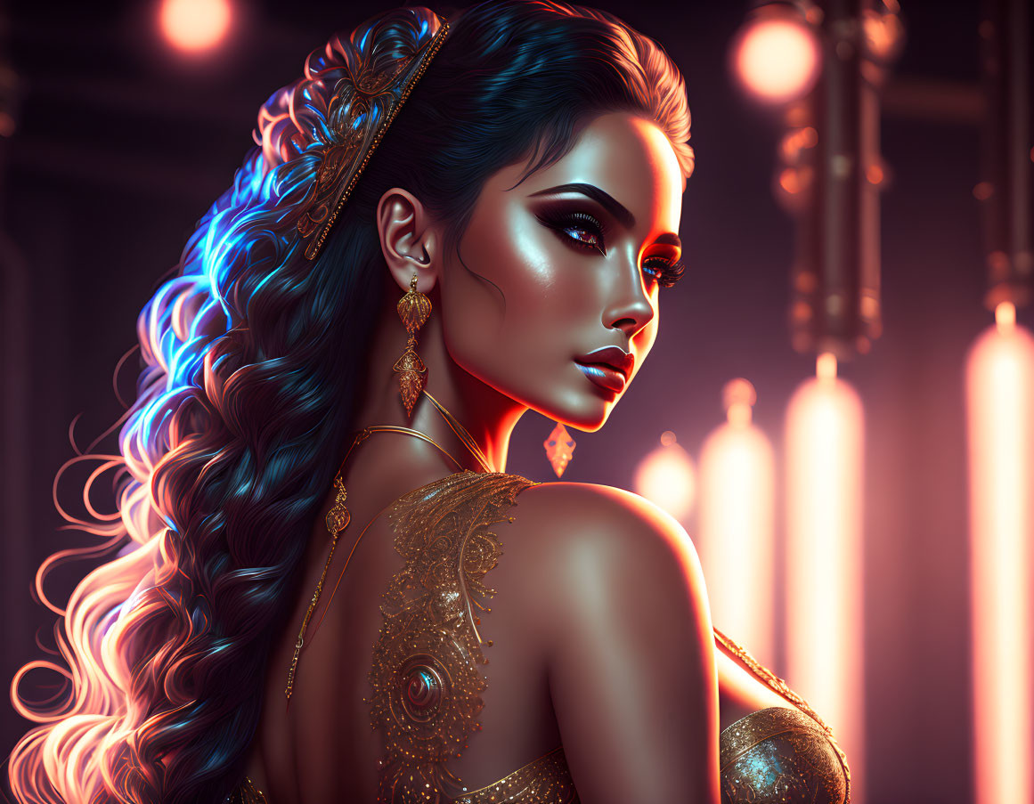 Elaborate golden jewelry and tattoos on a woman in digital portrait