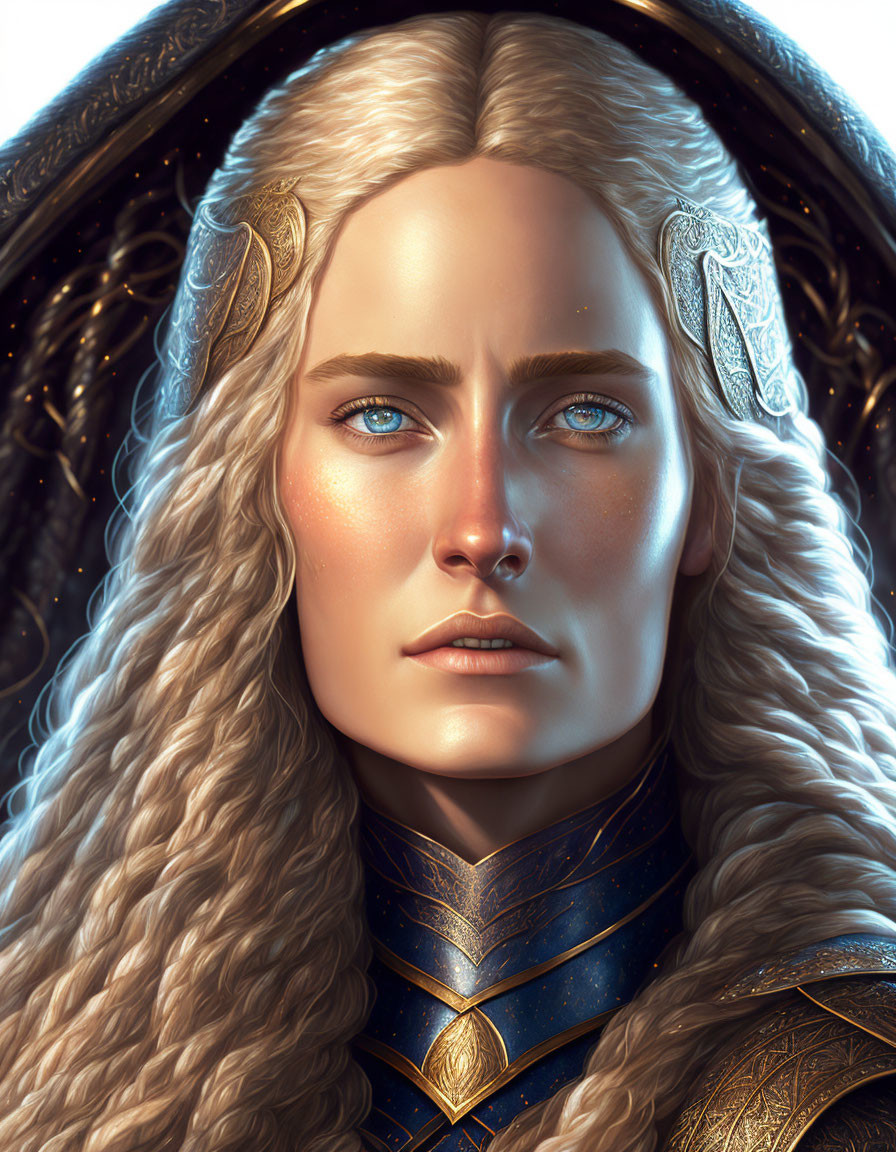 Digital portrait: Person with long wavy blonde hair, piercing blue eyes, ornate golden armor,