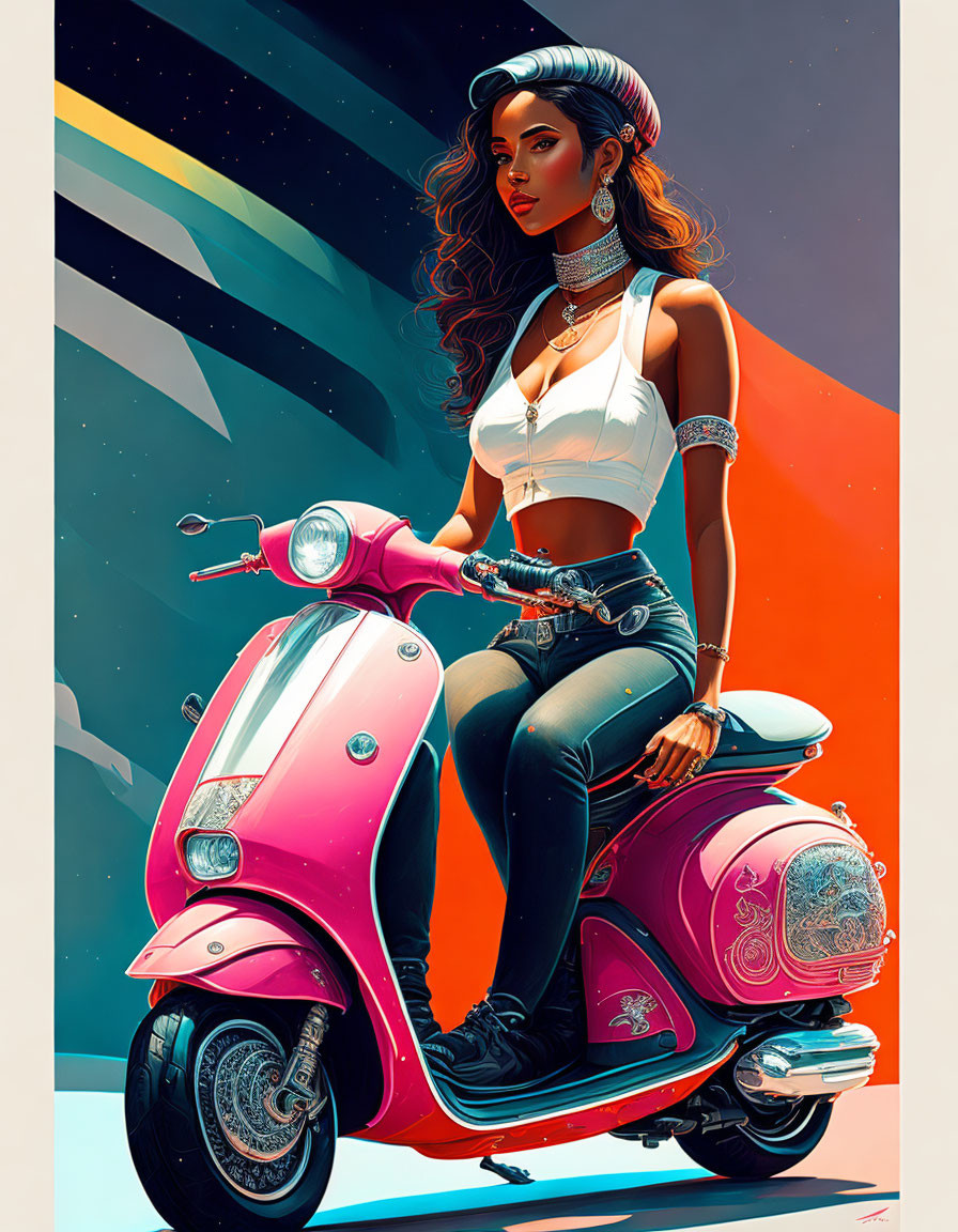 Long-haired woman on pink scooter in white top and black pants against planet background