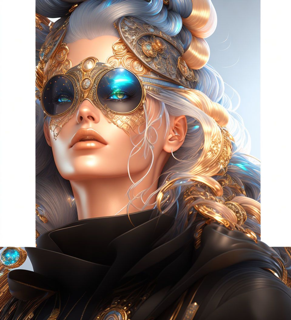 Woman with Gold-Trimmed Sunglasses and Elaborate Hair in Futuristic Baroque Style