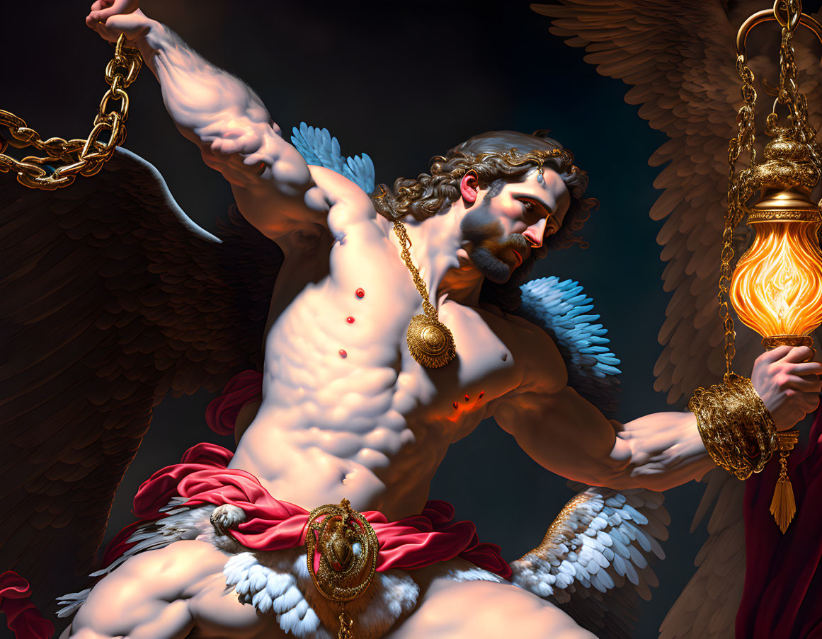 Muscular angelic figure with wings holding chain and torch in 3D render