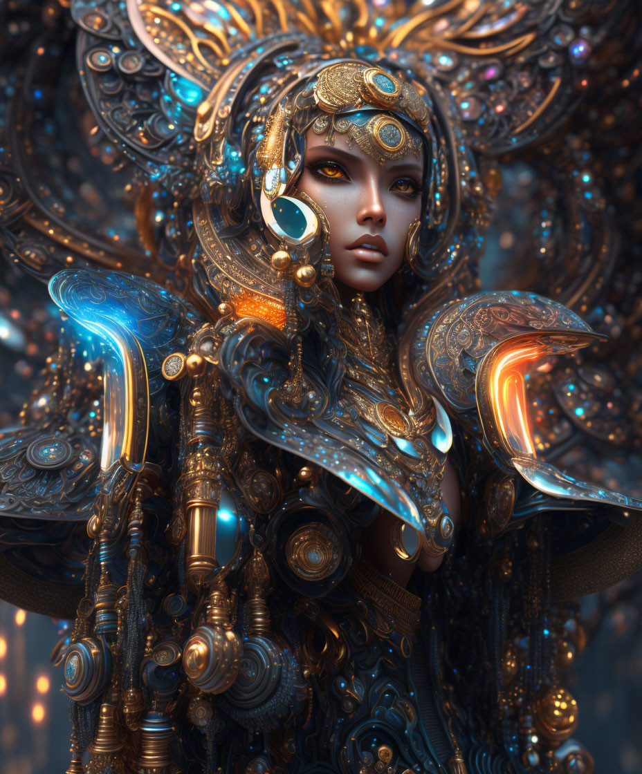 Digital artwork: Female figure in gold and blue armor with glowing accents