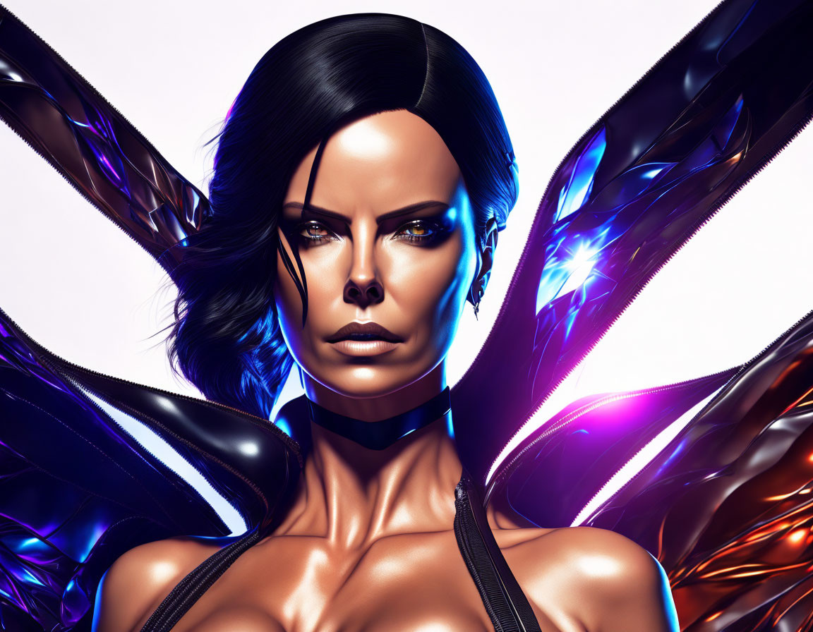 Digital artwork: Woman with dark hair, glossy skin, iridescent wing-like structures