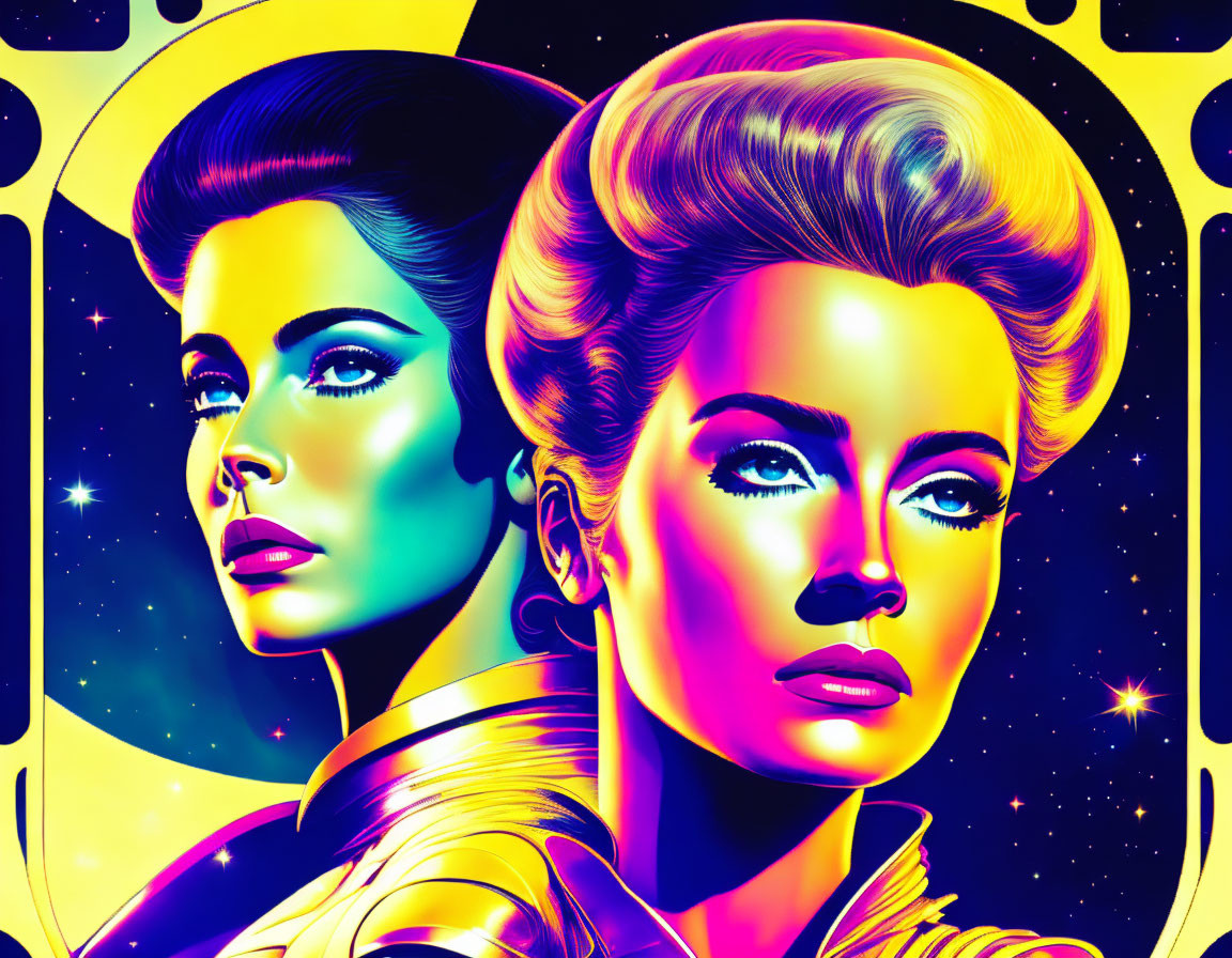 Retro-futuristic artwork: Two women, vibrant neon colors, cosmic background