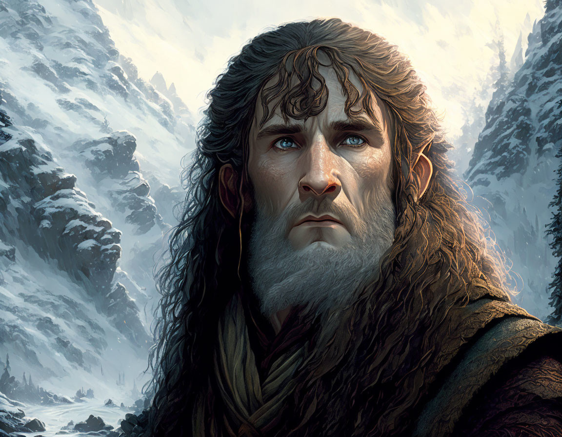 Digital painting of bearded man in snowy mountainous setting