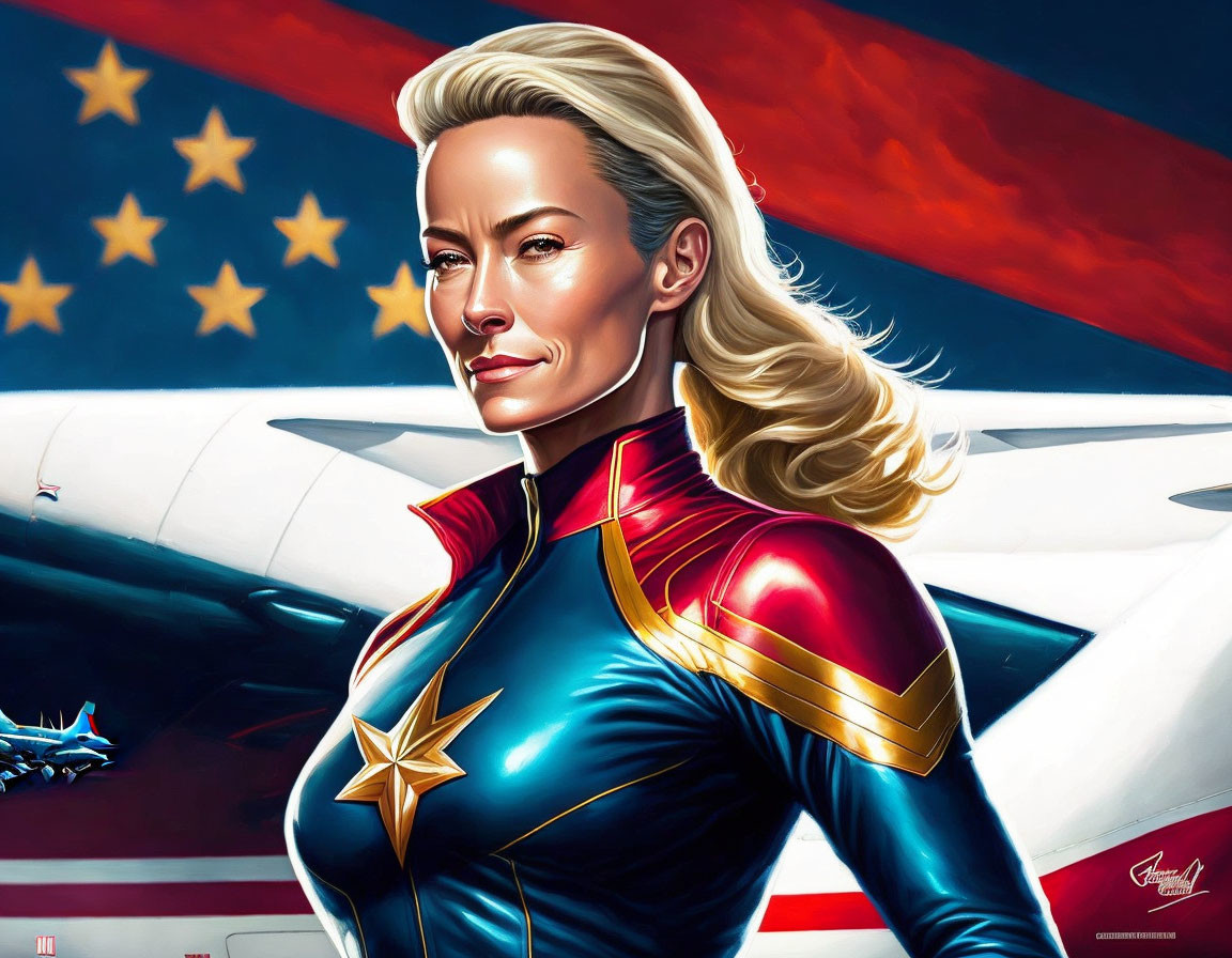 Blonde Superhero in Red and Blue Suit with Gold Star on American Flag Background