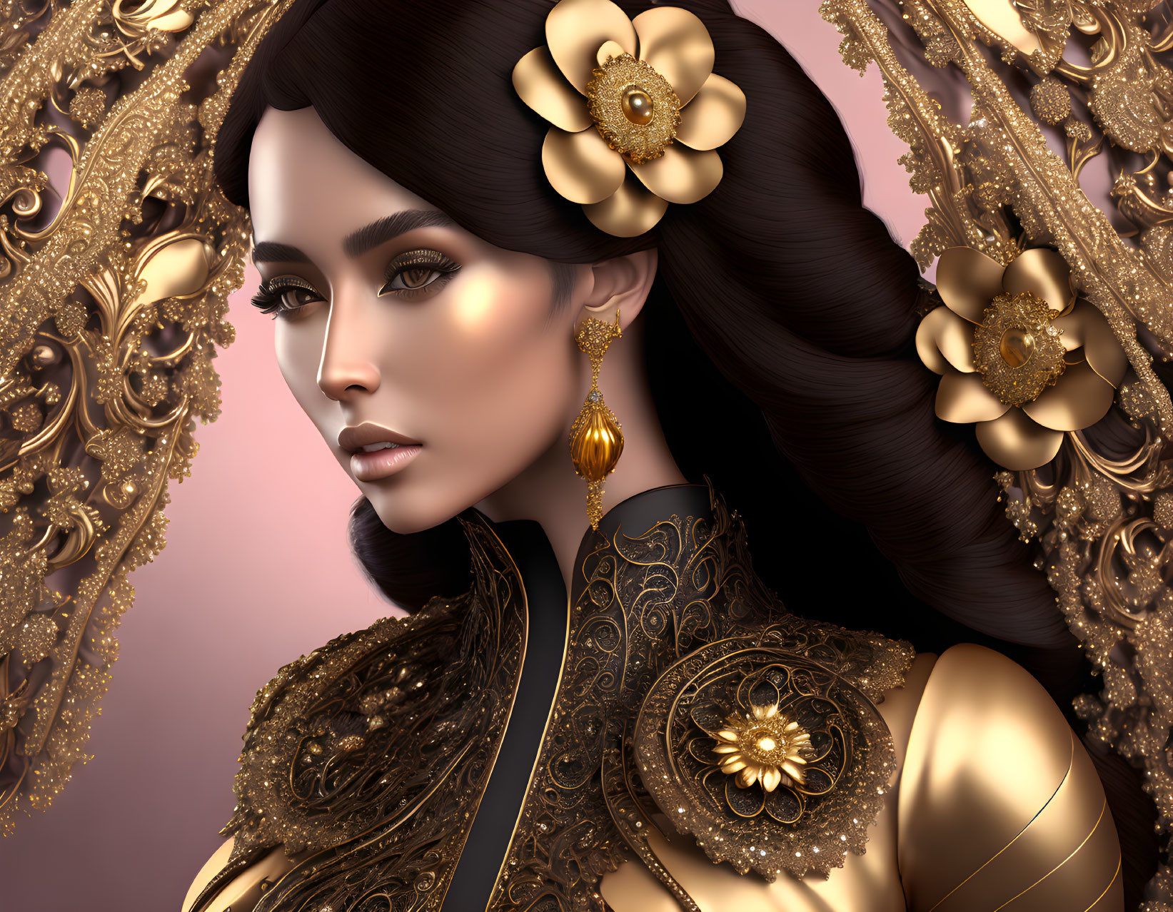 Digital artwork featuring woman with golden floral accessories, earrings, black and gold outfit on pink background