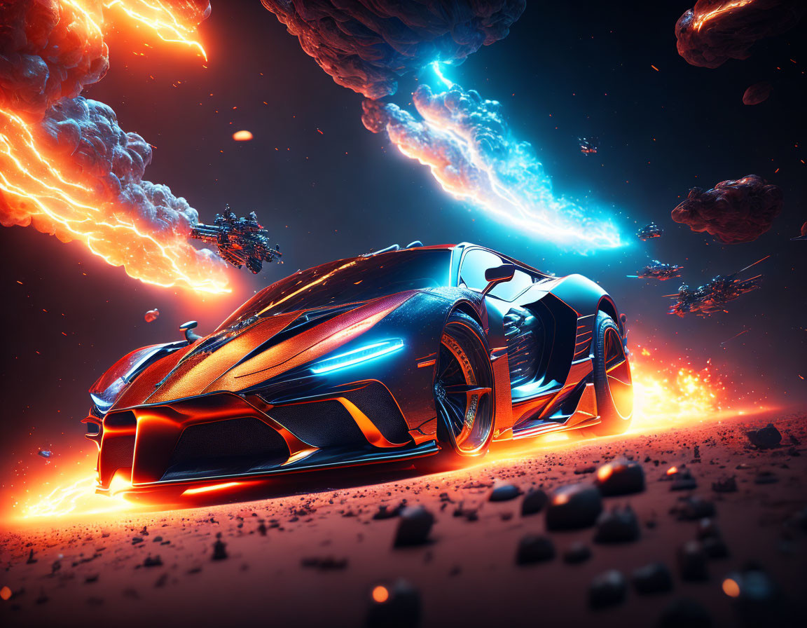 Futuristic car with glowing lines racing on rocky terrain under dramatic sky