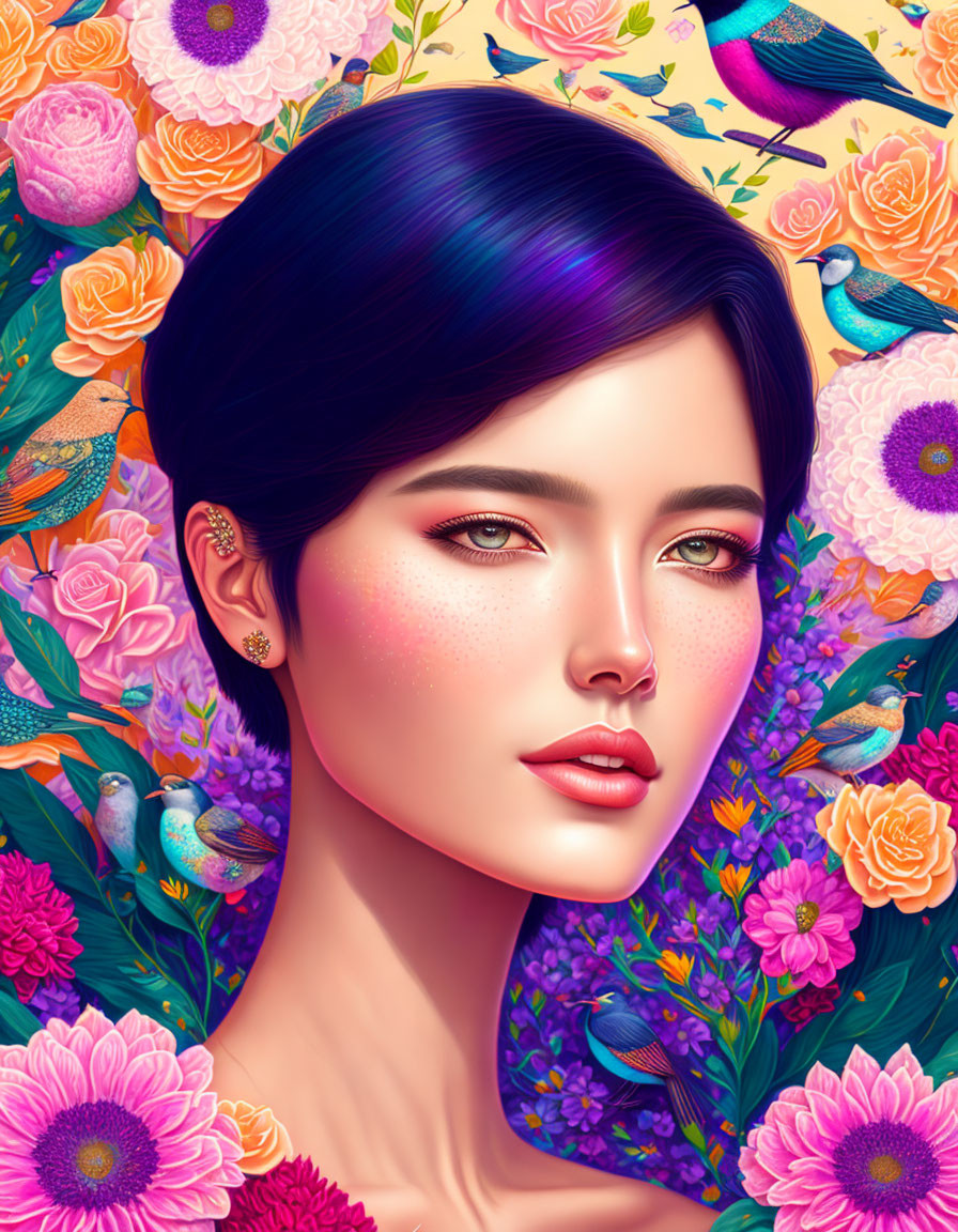 Detailed Artistry: Woman with Dark Hair Surrounded by Vibrant Flowers and Birds