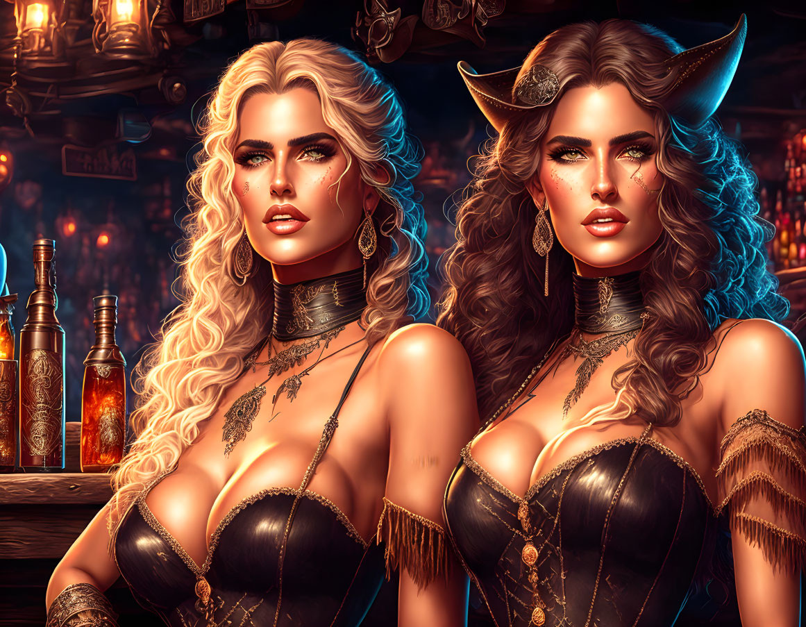 Stylized fantasy women with horns and golden jewelry in dimly-lit bar setting