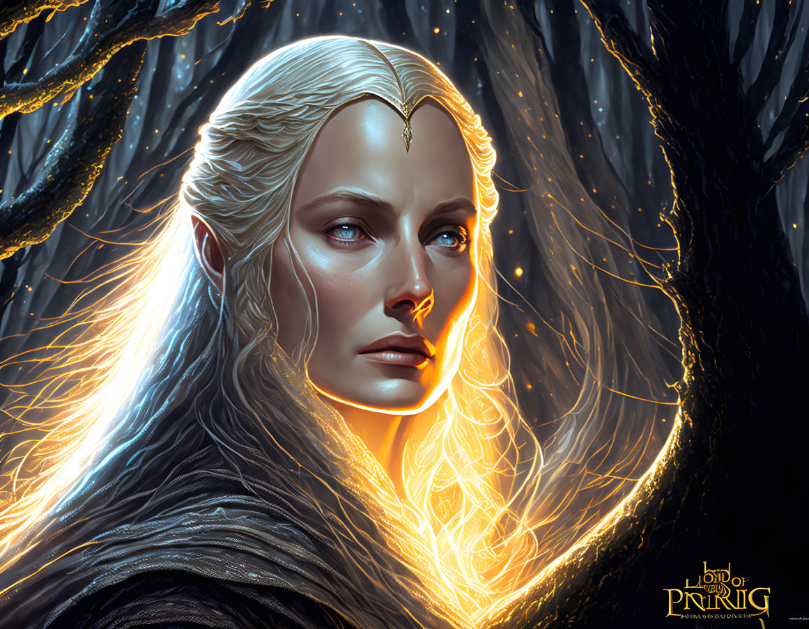 Fantasy art of elven character with glowing hair and blue eyes in dark forest