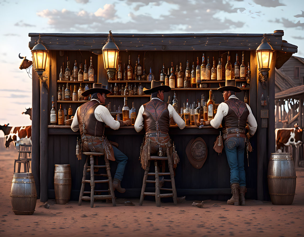 Western saloon scene with three cowboys and cattle in dusty town